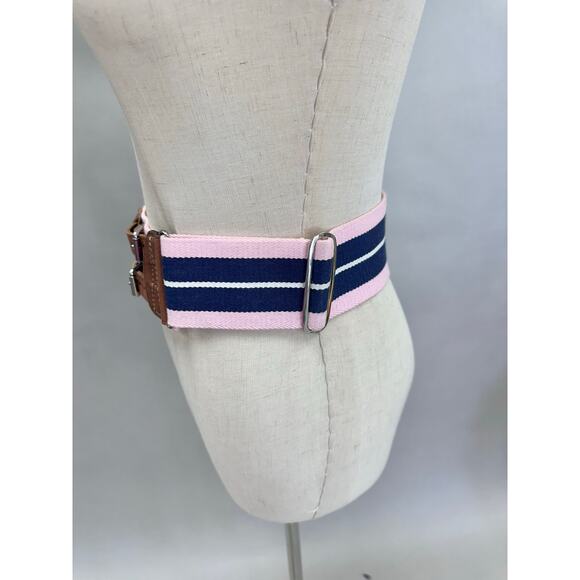 Polo Ralph Lauren Pink Navy Striped Webbed Canvas Double Buckle Belt Size Small - Picture 10 of 16